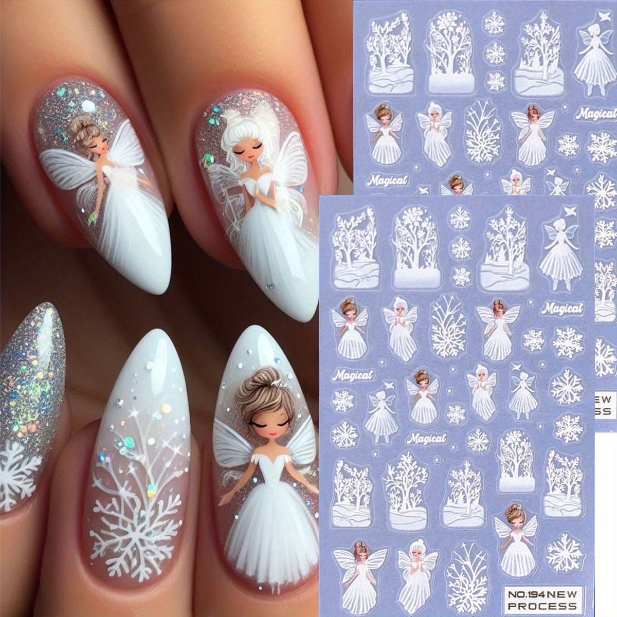 Image of 2pcs White Snowflake Nail Stickers - Winter Fairy Blanks For Christmas Wedding New Year Nail Art, Abs Plastic Temporary & Snowman Decoration, Glossy ( Use)
