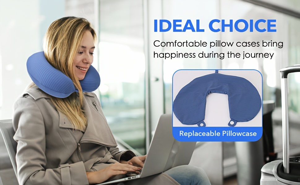 1pc travel neck pillow cover soft and smooth knitted polyester lightweight u shape   hand washable no printing with blue for travel details 1