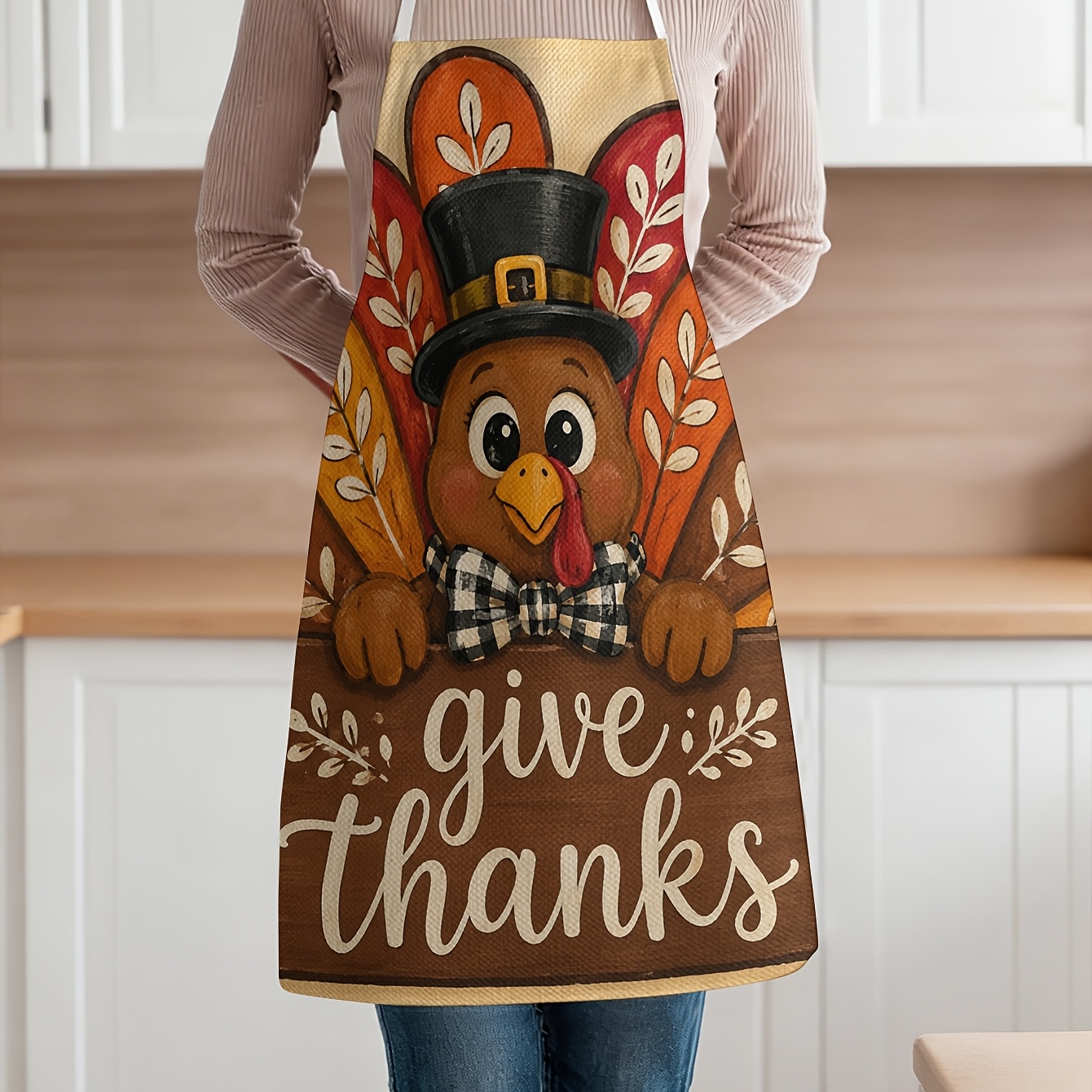 TEMU 1pc Sleeveless Apron With Fixed Neck Straps, Featuring Seamless Full Print Of Cute Cartoon Turkey Wearing Vintage Top Hat And Black Bow Tie,