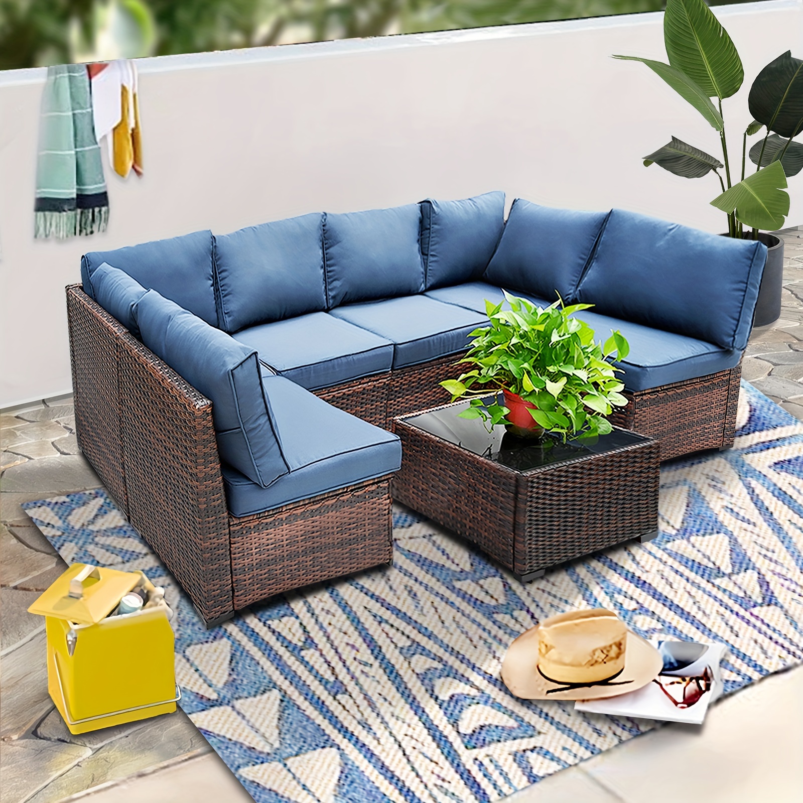 [FOHO Patio] FOHO 1 Set Waterproof Rattan Patio Furniture | Soft Cushions, Light-Resistant Metal And Plastic Frame - No Power Needed, Ideal for Indoor/Outdoor Use
