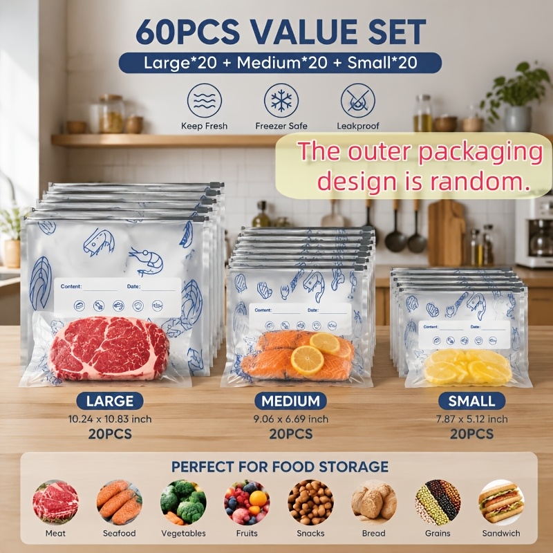 TEMU 60pcs Thickened Reusable Washable Vacuum Seal Bags, Portioning Design With Date Labels, Food-grade Material Moisture-proof Leak-proof