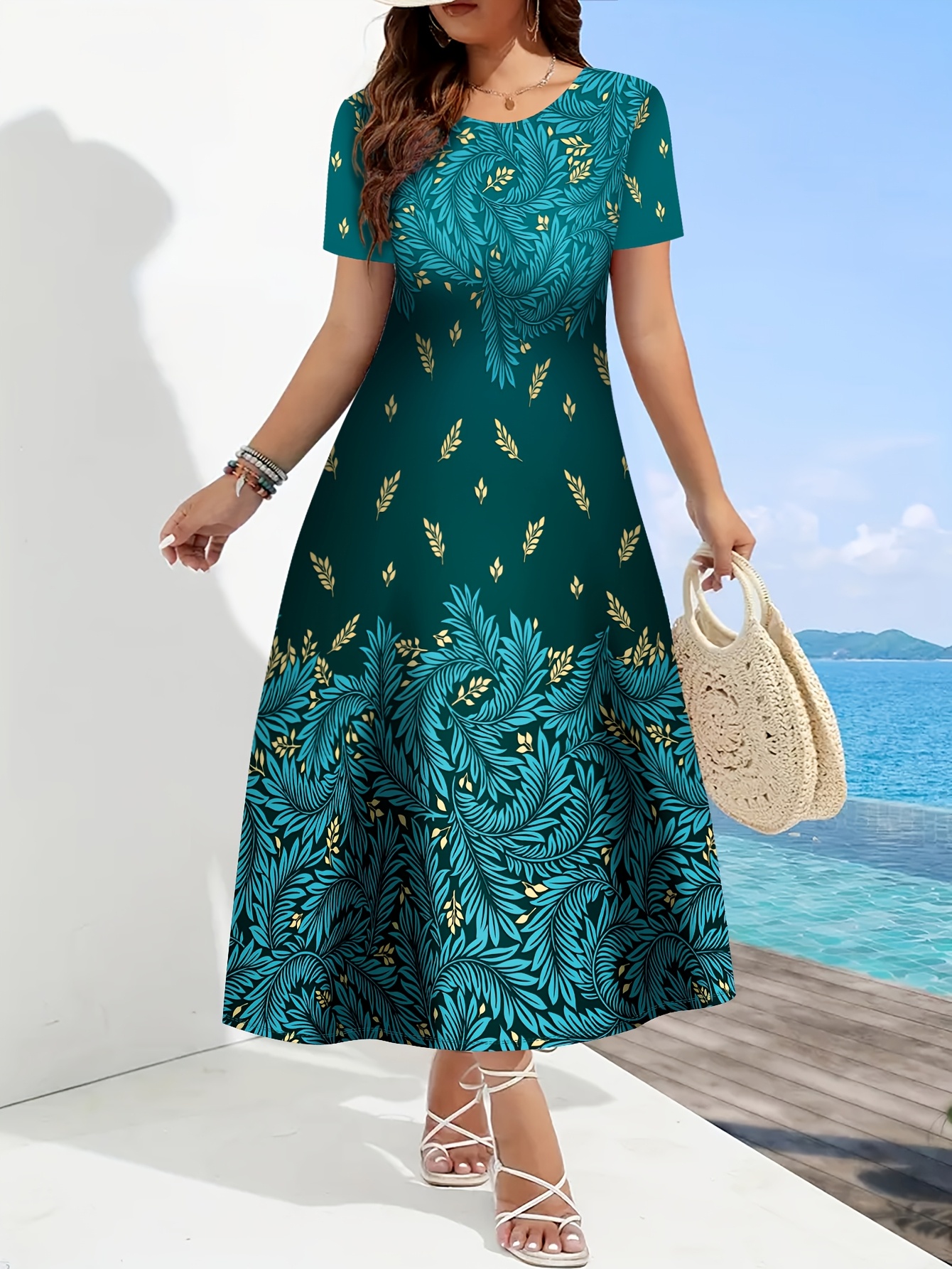 Women's Elegant Tropical Floral Print Dress - Short Sleeve Round Neck  A-Line Flared Skirt womens elegant tropical floral print dress short sleeve - Temu