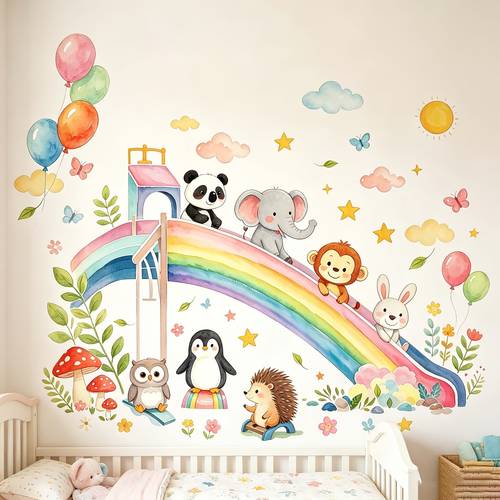 2 piezas/set - 30*90 piezas adhesivo de animales pequeños con deslizador de de dibujos animados, estilo acuarela y lindo para habitación, , decoración de pared de jardín de , para guardería, sala de juegos, decoración de pared de jardín de , decoración de regalo