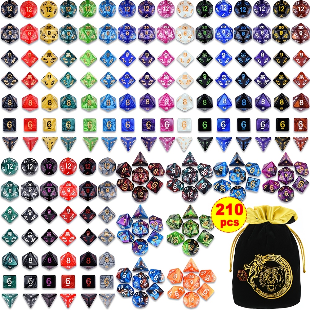 

210pcs Polyhedral Dice Set - Halloween/christmas Gift, Includes 154pcs Single-color Dice And 56pcs Two-color Dice, Tiger Patterned Drawstring Bag. Rpg D&d Role-playing Game