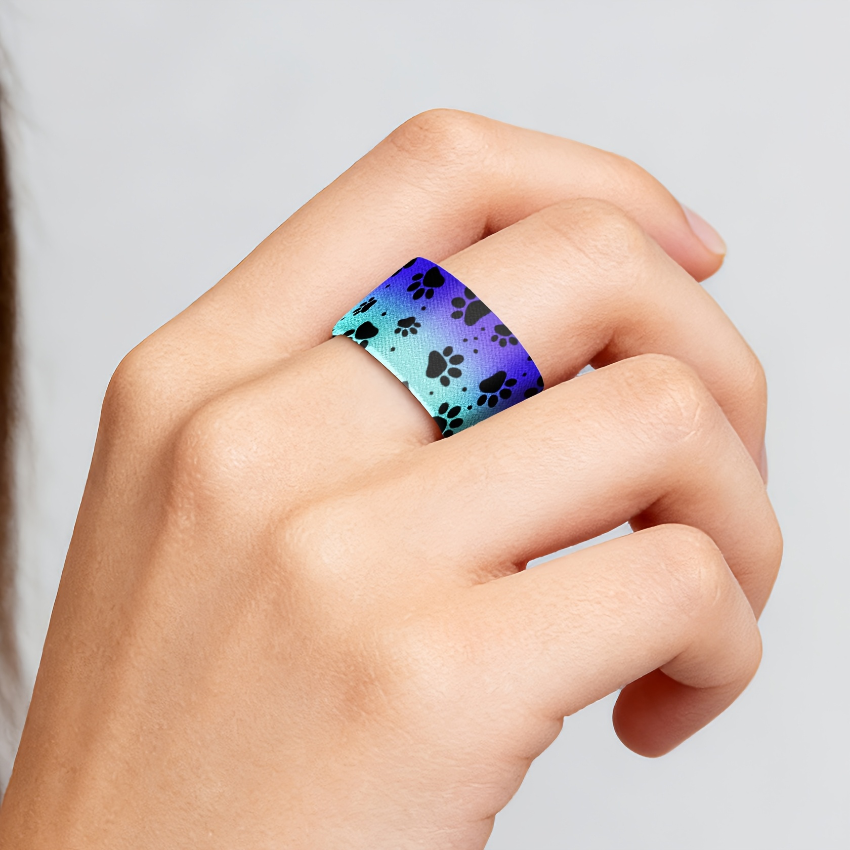 Blue Black Dog Paw Print Stretch Ring