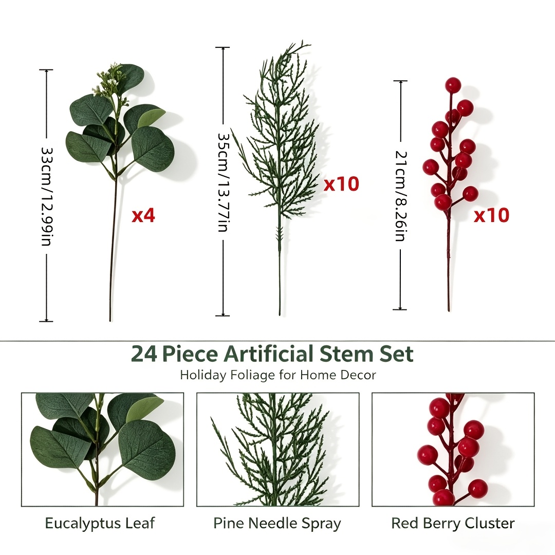 TEMU Juego de 24 esquejes de vegetación artificial en bosque , esquejes de eucalipto, agujas de pino y realistas, para combinar y hacer bricolaje ,