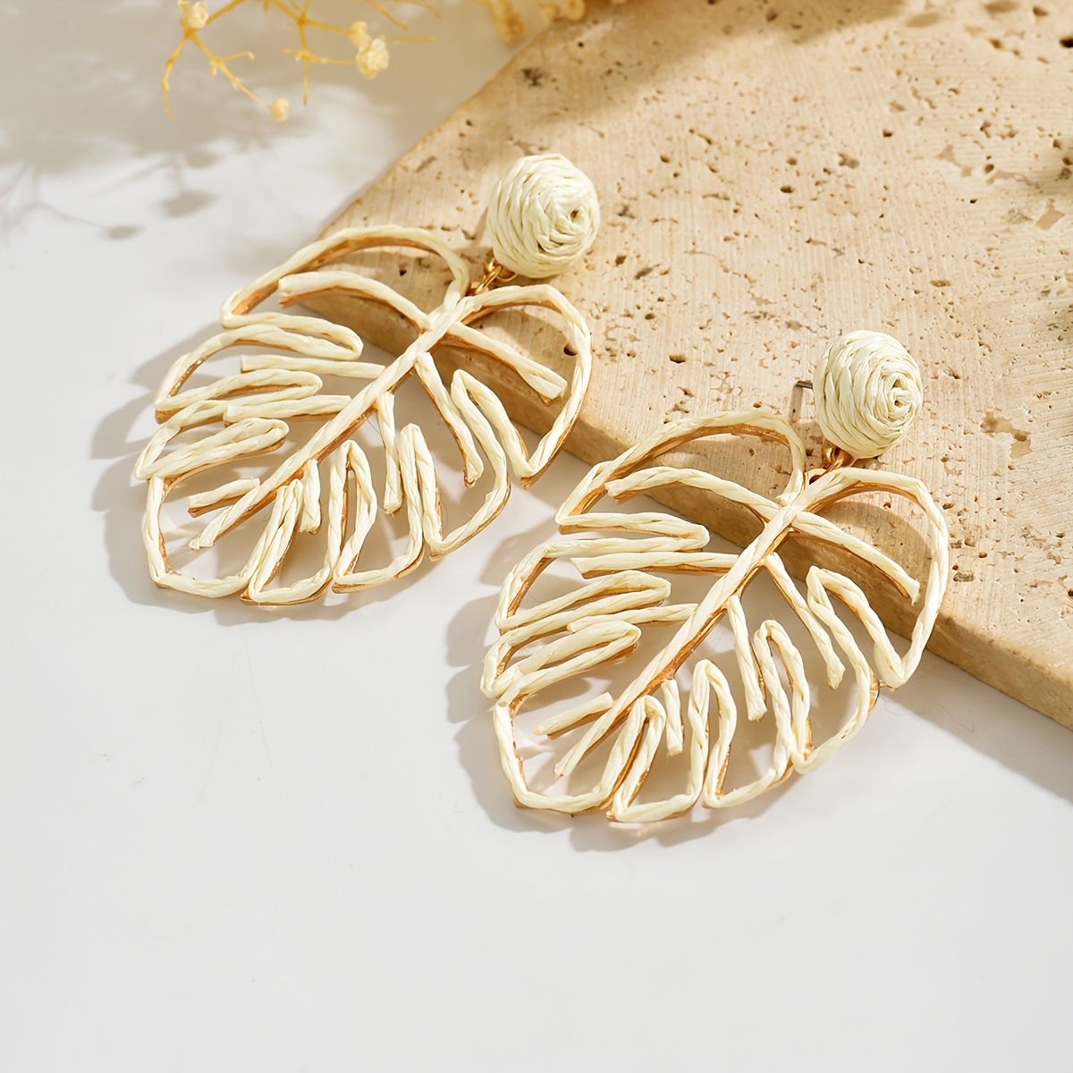 Bohemian Hand-Woven Raffia Hollow-Out Leaf Earrings