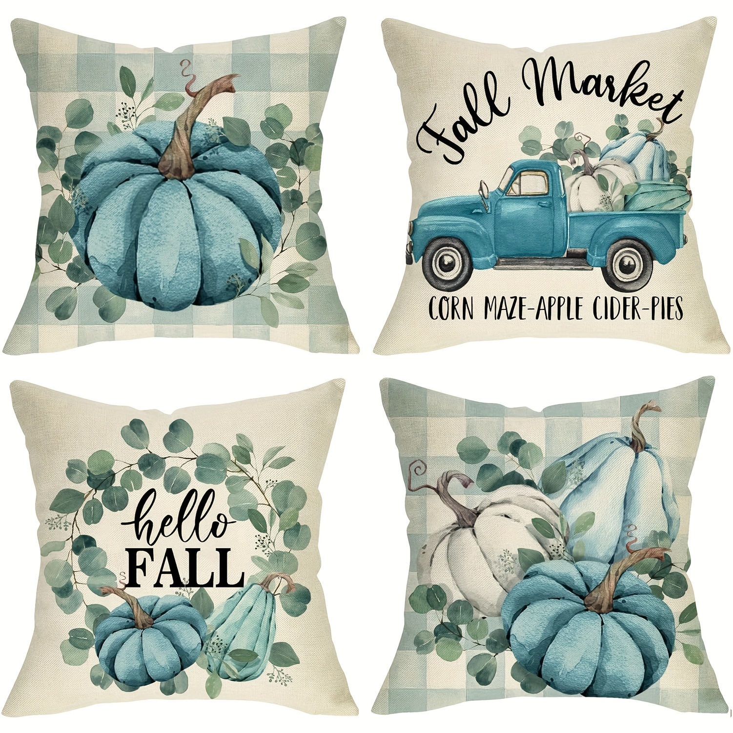 

4pcs, Hello, Fall White Pumpkin Decor Throw Pillow Cover 18 X 18 Inches, Fall Turquoise Truck Eucalyptus Gourd Porch Patio Home Decor Sofa Cushion Covers