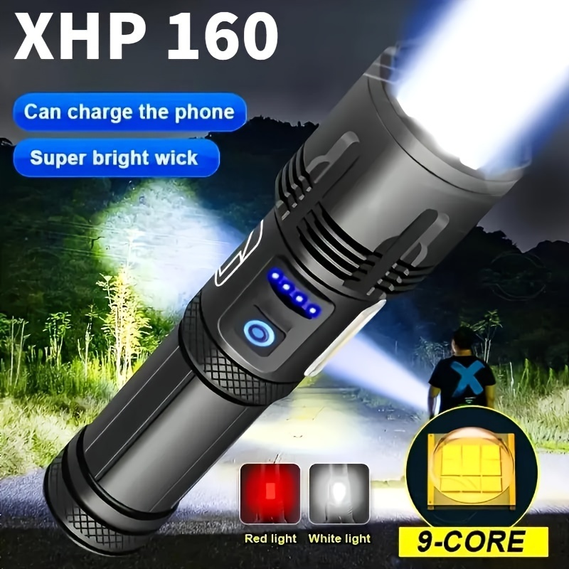 

Super Xhp160 Powerful Led High Light, Rechargeable Tactical Flashlight With 18650 Usb Camping Lamp, Abs Material, Lithium Battery, 200 , 200m Range, 3 Gear, Non-waterproof