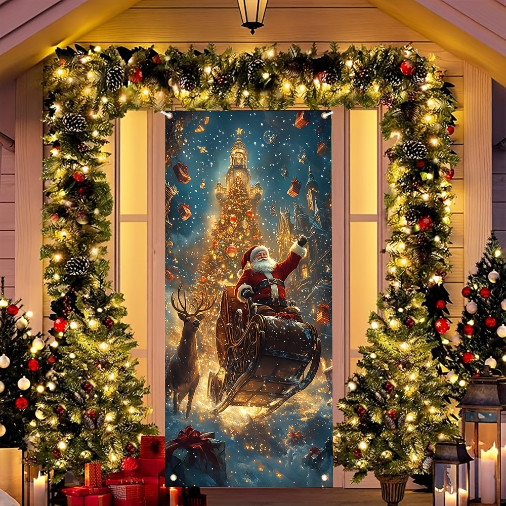 

2d Door Banner, Santa Claus & Reindeer Sleigh Christmas Door Banner - 35.4x70.8 Inch, Outdoor, Garden, And Indoor Holiday Decorations