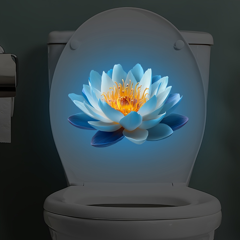TEMU 1pc Luminous Blue For Lotus Toilet Sticker, Blue Water Lily Flower Pattern, Removable Self-adhesive Decorative Decal For Restroom Toilet Lid And