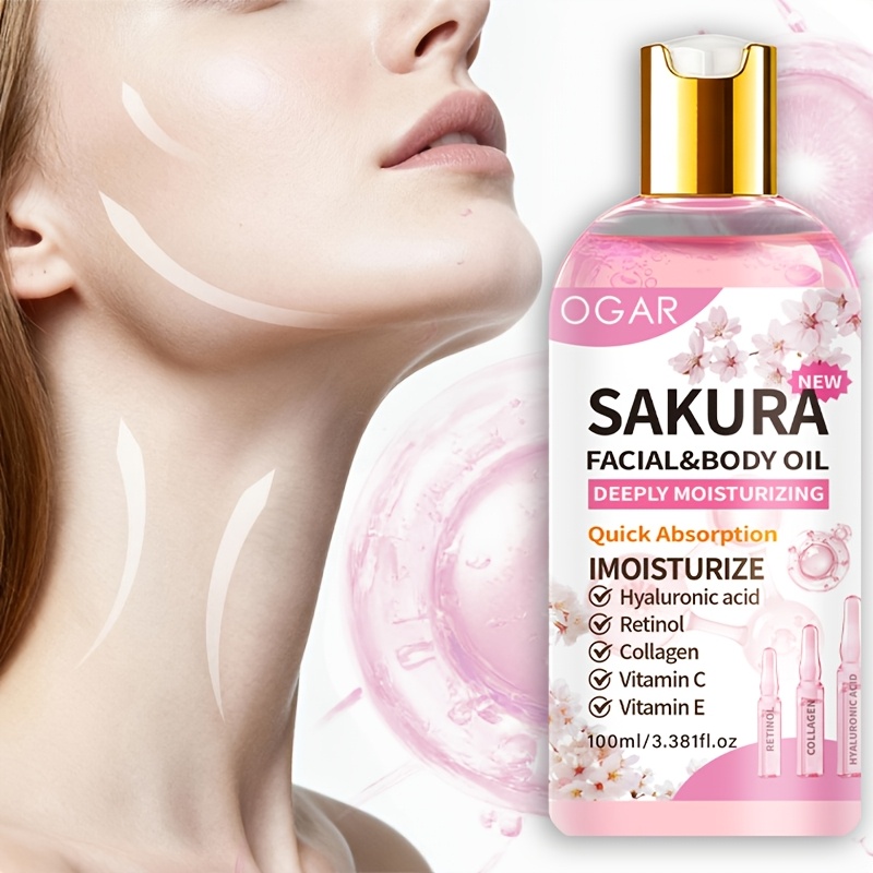 Ulei Esență Multifuncțional pentru Îngrijirea Pielii Sakura, Îmbogățit cu Ulei de Sămânță de Camelia, Ulei de Sămânță de Strugure, Ulei de Cocos, Niacinamidă, Vitamine C și E, Colagen, Acid Hialuronic, Oferă Hidratare de 48 de Ore, Iluminează, Hidratează Pielea, Se Absoarbe Rapid, pentru Masaj