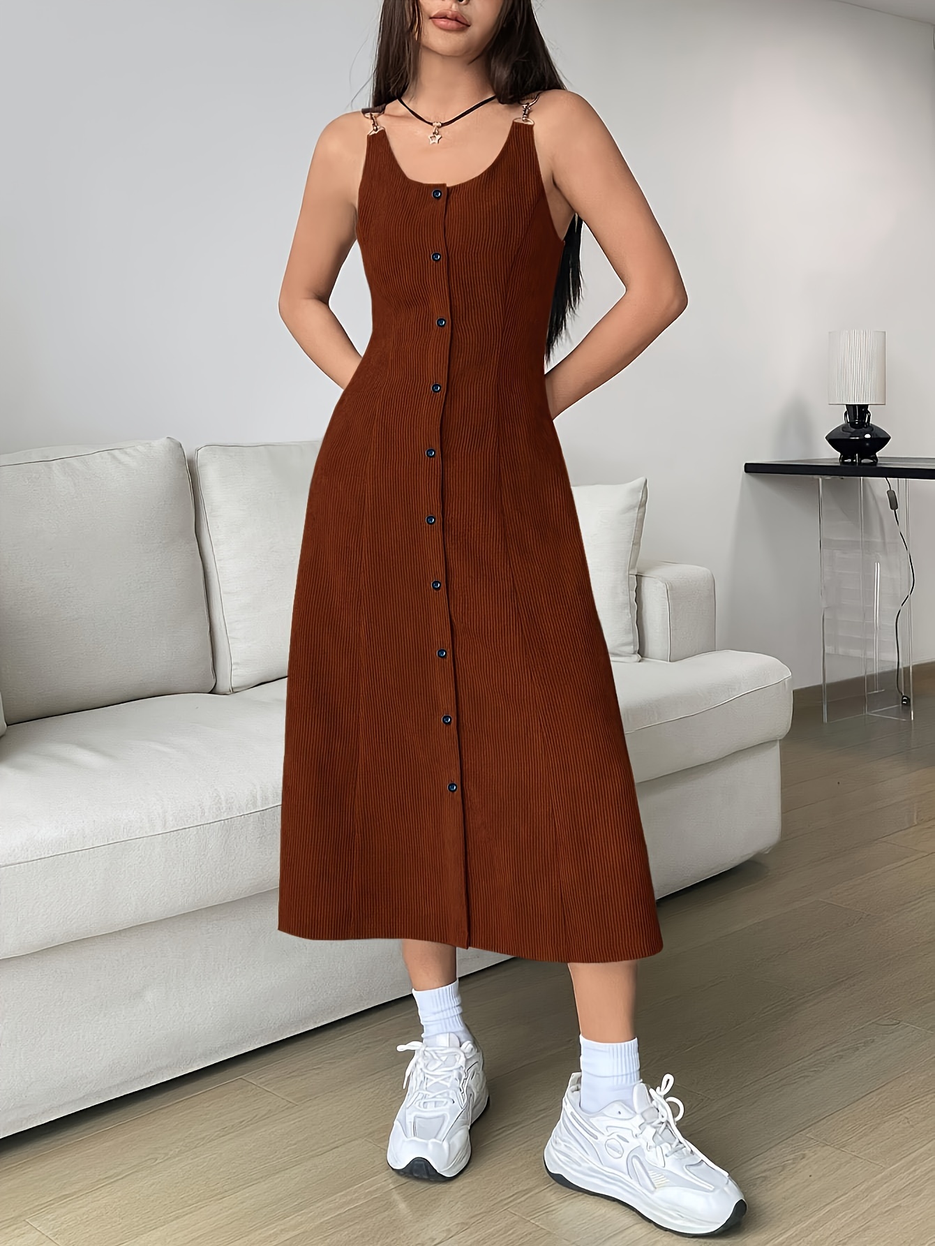 womens casual corduroy midi dress white collar button