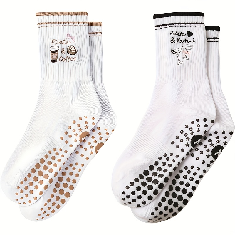 Image of /women's Non-slip Yoga Socks, Cute Wine Glass Heart Dessert Embroidery Pattern, Easy Striped Mid-tube Sports Socks Women's, Silicone Non-slip Sole, Soft Comfortable Sweat-absorbent And Wear-resistant