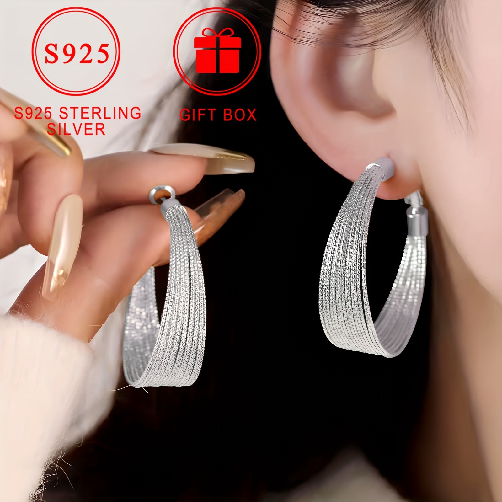 

Elegant S925 Sterling Silver Hoop Earrings, Nickel-free And Hypoallergenic, And Parties, Silvery