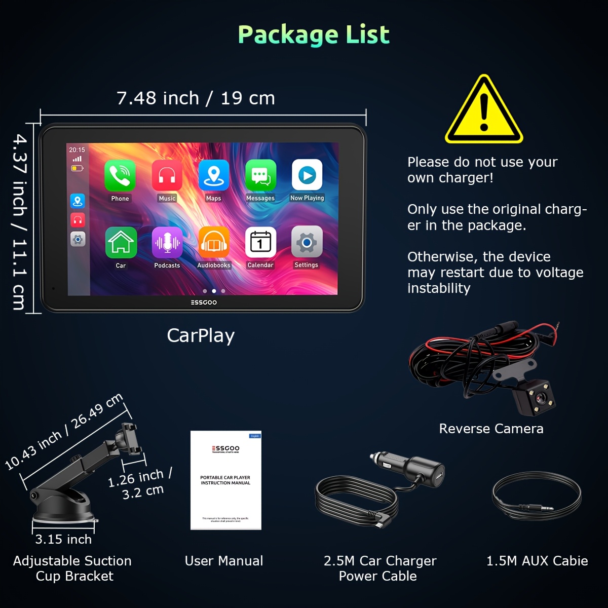   universal 7 inch portable carplay auto radio car stereo   wireless carplayer   auto   link wireless   call music aux cable fm   control multimedia player with rear view backup camera