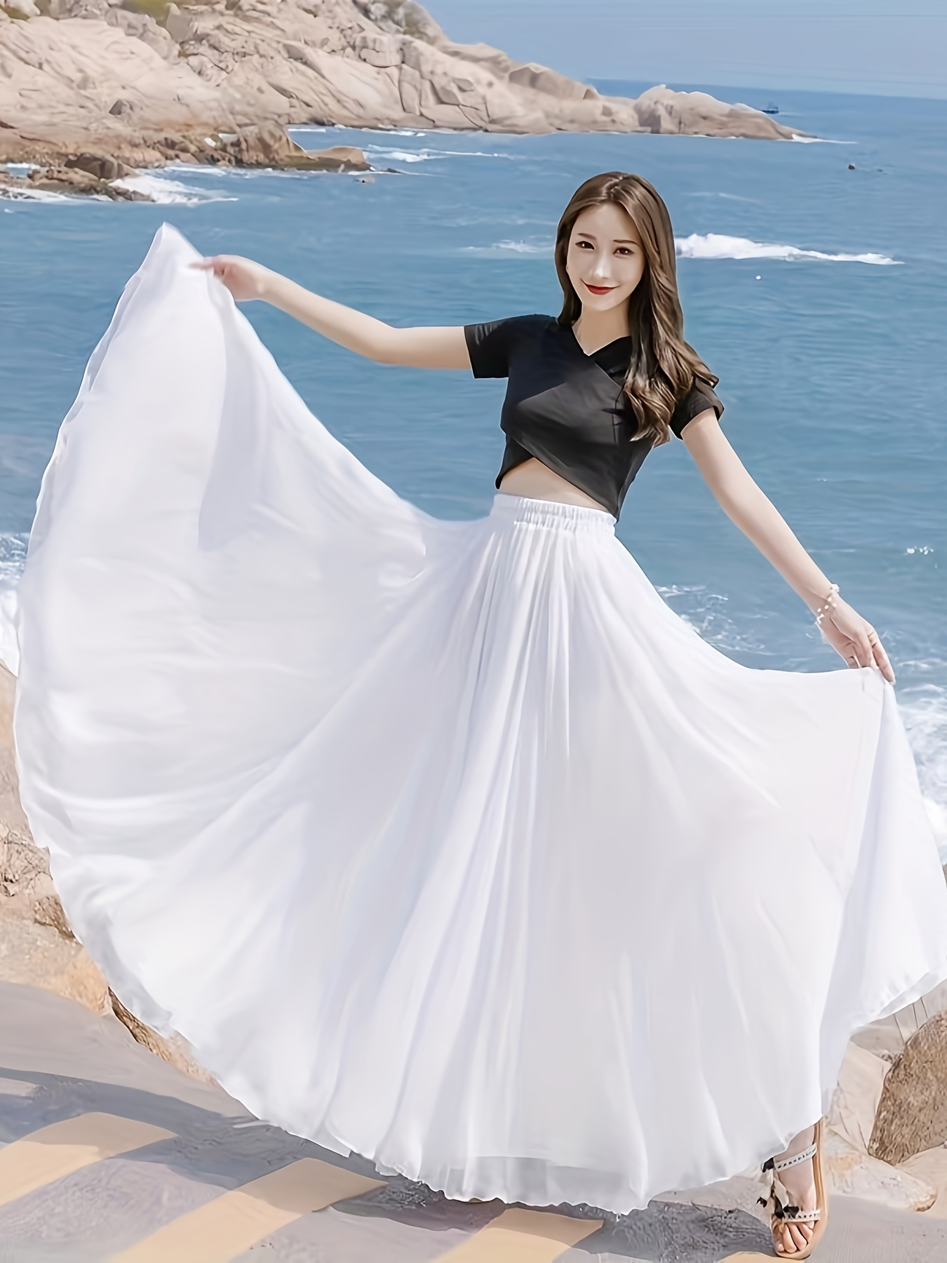 Elegant Long Chiffon Skirt, Solid Color, Flared Hem Fit for Beach  Vacation, Spring/Summer/Autumn, No Belt, A-Line Silhouette, Beachwear  Fashion|