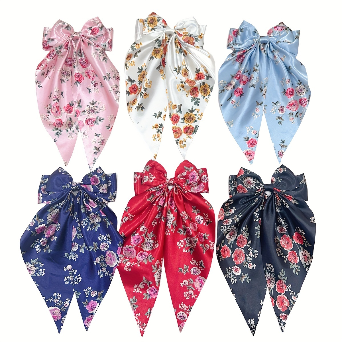 

6pcs Floral Printed Ribbon Bow Hair Clips, Elegant & Vintage Fabric Ponytail Hair Accessories For Ladies With Spring Clamp Set