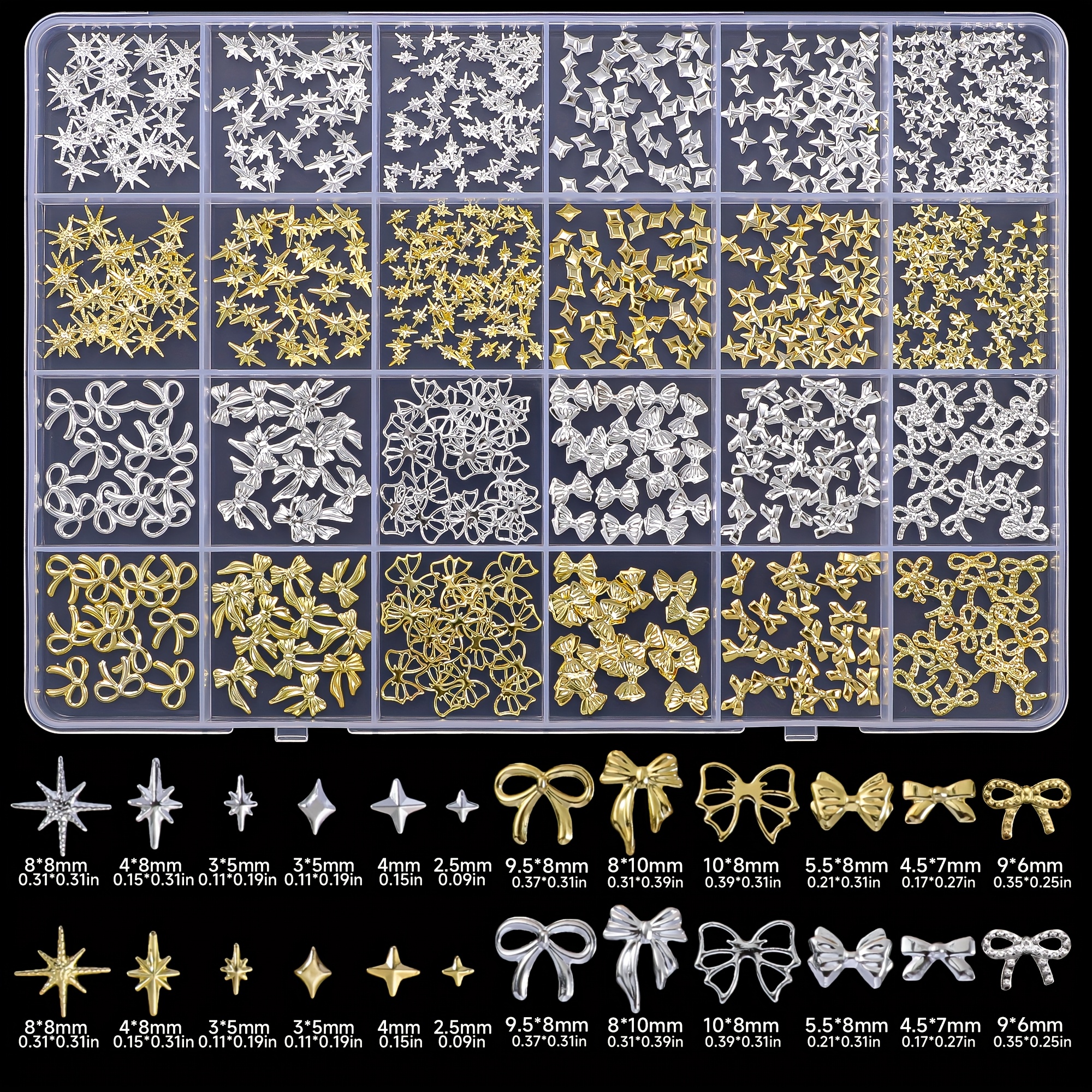Image of 24 Grid Golden And Silvery Bow, Ribbon, Star-studded Nail, And Rivet Accessory Set – A Versatile Collection Of Hollow Metal Nail Art Appliqués For Diy Crafting And Customization