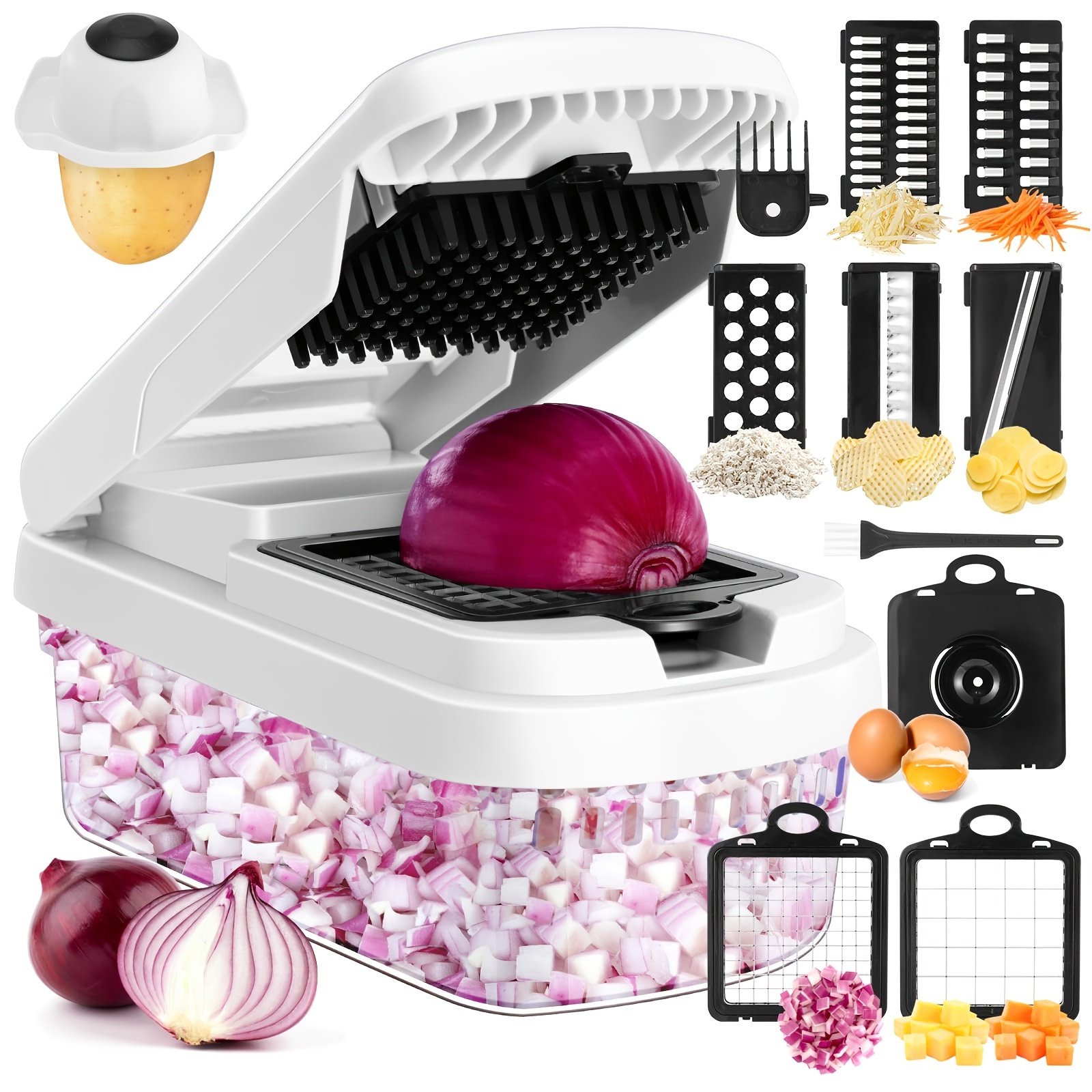 Vegetable Chopper Slicer 15-in-1 Onion Chopper Dicer, Multi-functional Food Chopper, 7-blade Vegetable Dicer, Tomato Dicer, Potato And Garlic Chopper, With Draining Basket And Peeler Kitchen Gadget
