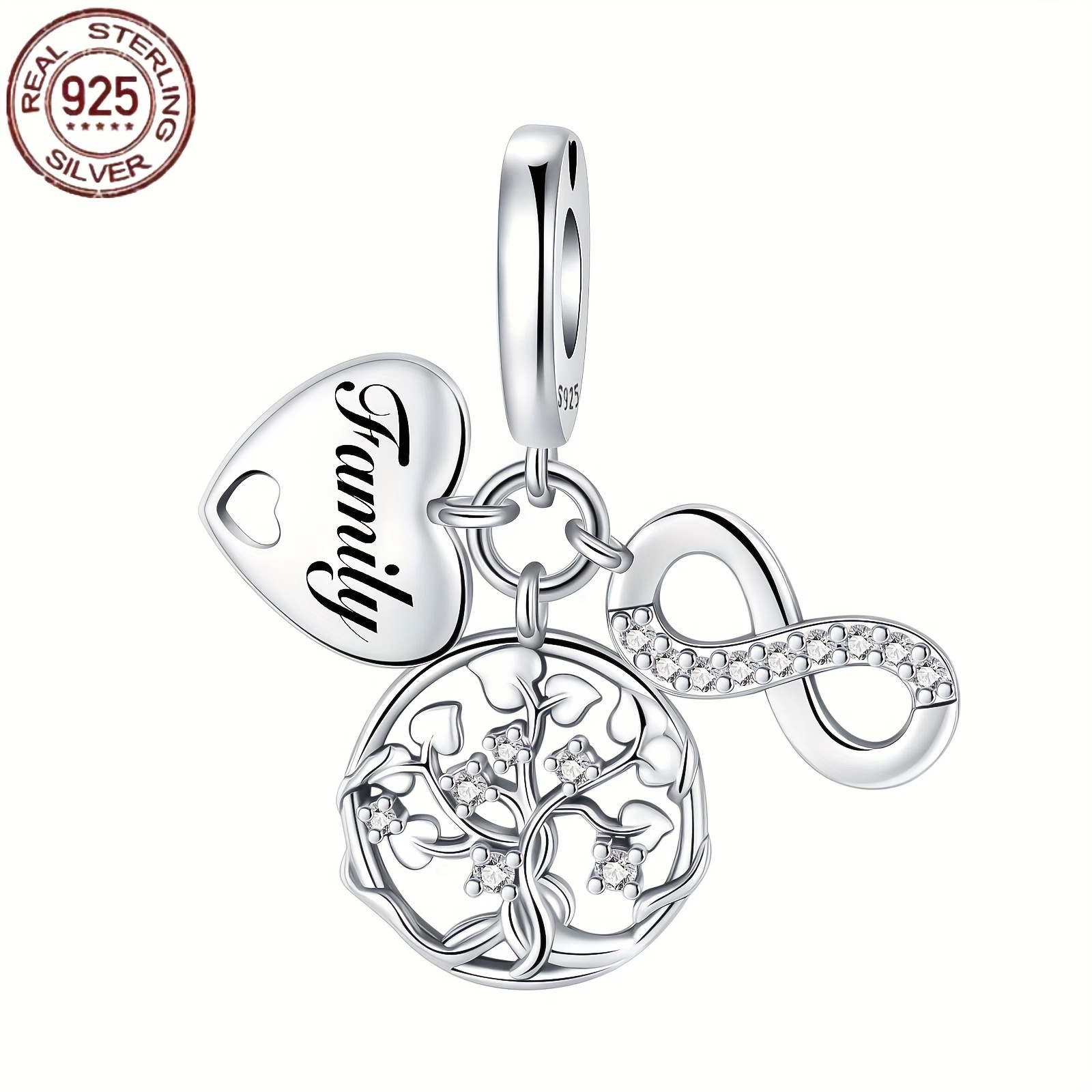 

1pc Classic 925 Sterling Of Life & Heart Pendant Charm, Synthetic Cubic Zirconia, Engraved Family Letter & , Versatile For Bracelet & Necklace, Ideal Christmas Gift For Women