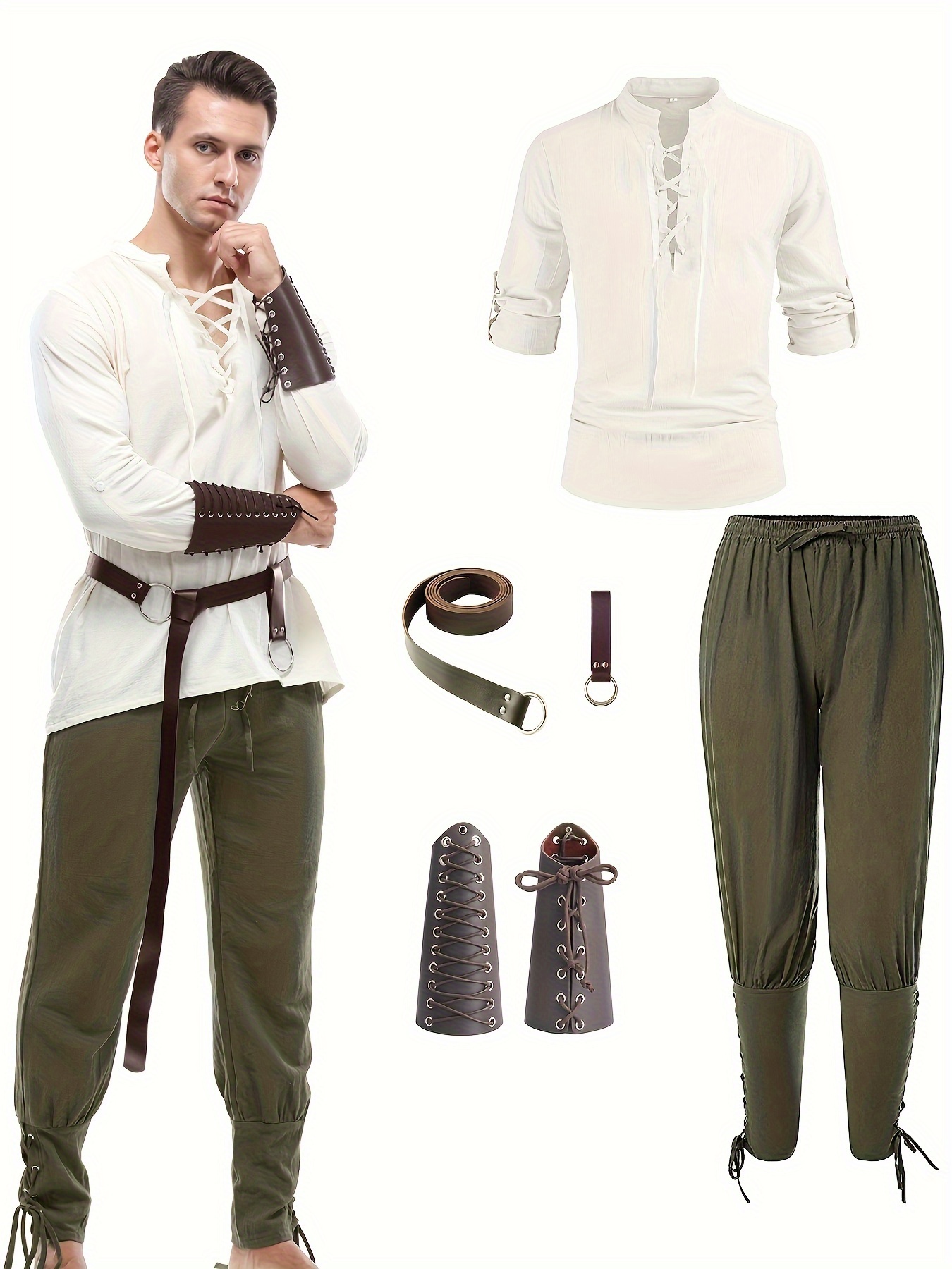 KUKIKUKI Conjunto de ropa medieval para hombre, Conjunto de Traje Renacentista Camisa Pirata Medieval para Hombre, pantalones medievales con correa al tobillo (Marrón, XL