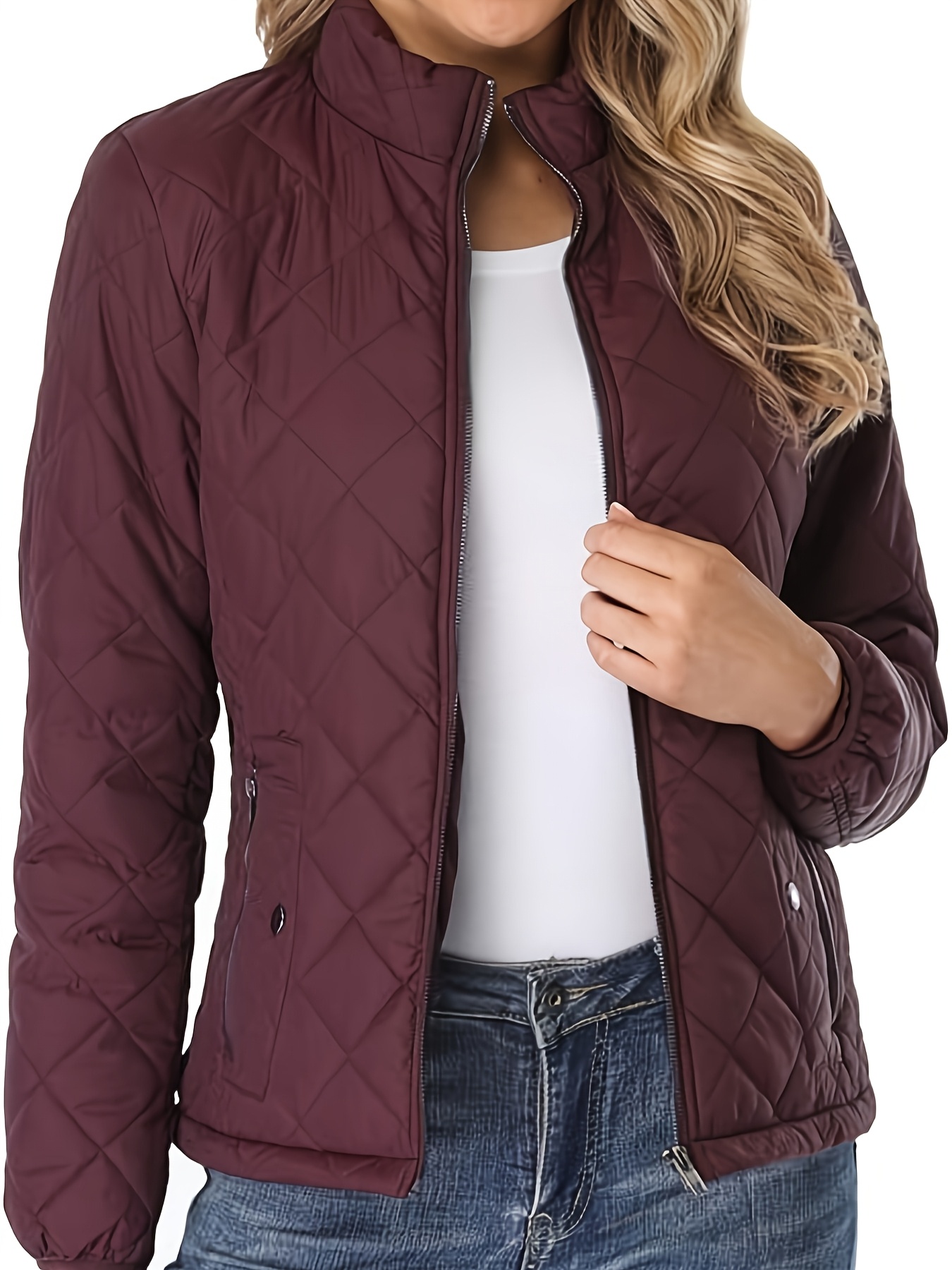womens quilted jacket stand collar zipper pockets