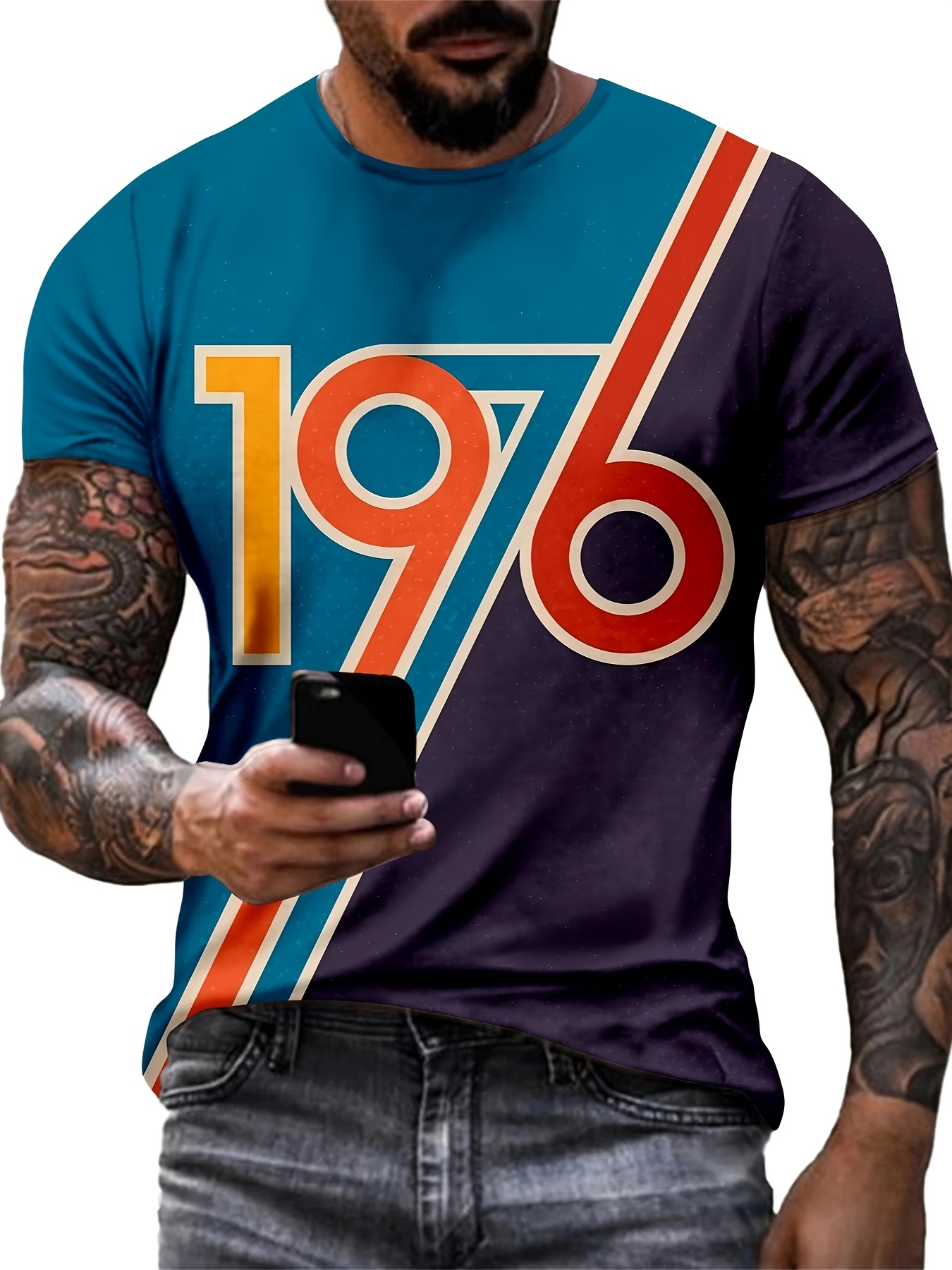 mens 1976 vintage graphic t shirt retro color block stripes Temu