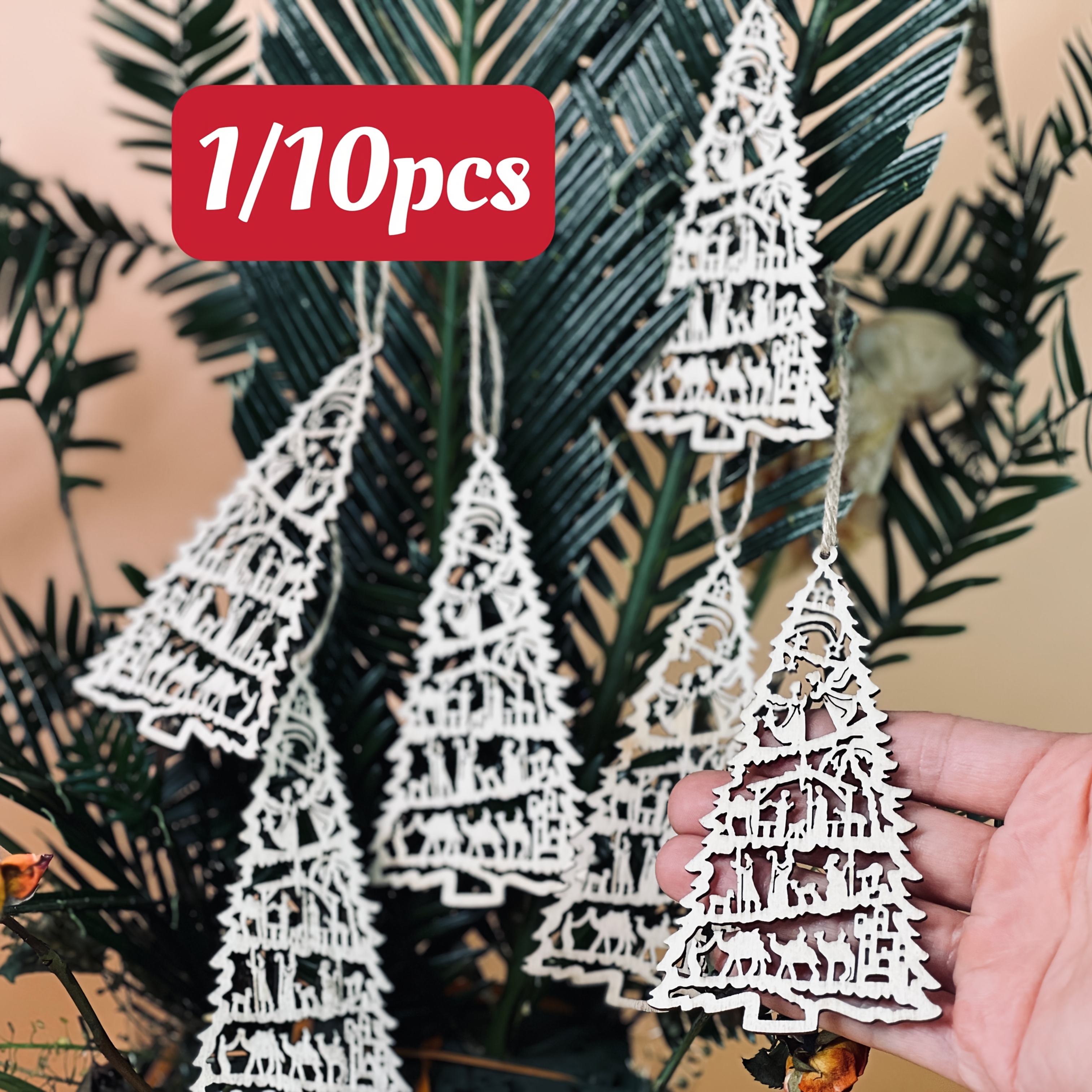 

1/10pcs Wooden Christmas Tree Ornaments, Laser-cut Holiday Decorations, Hanging Charms For Christmas, Halloween, Thanksgiving, New Year, Valentine's Day, Christmas Decorations