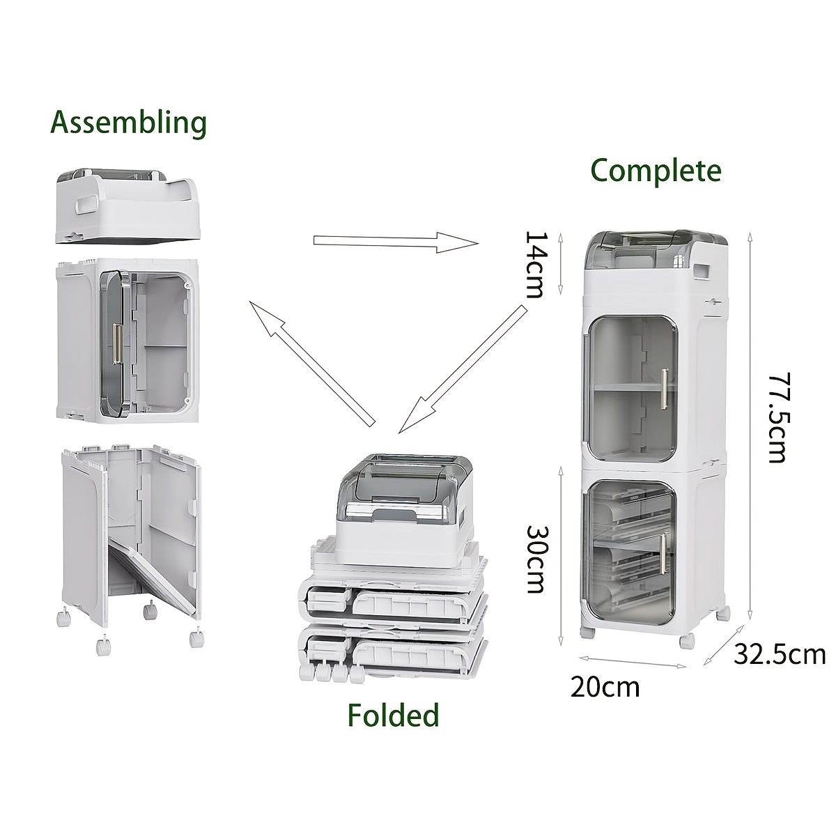 TEMU Armadietto da bagno a 8/6/5/3 ripiani, pieghevole e mobile, | Senza attrezzi, ABS , porta magnetica, ripiani regolabili, ruote bloccabili, per
