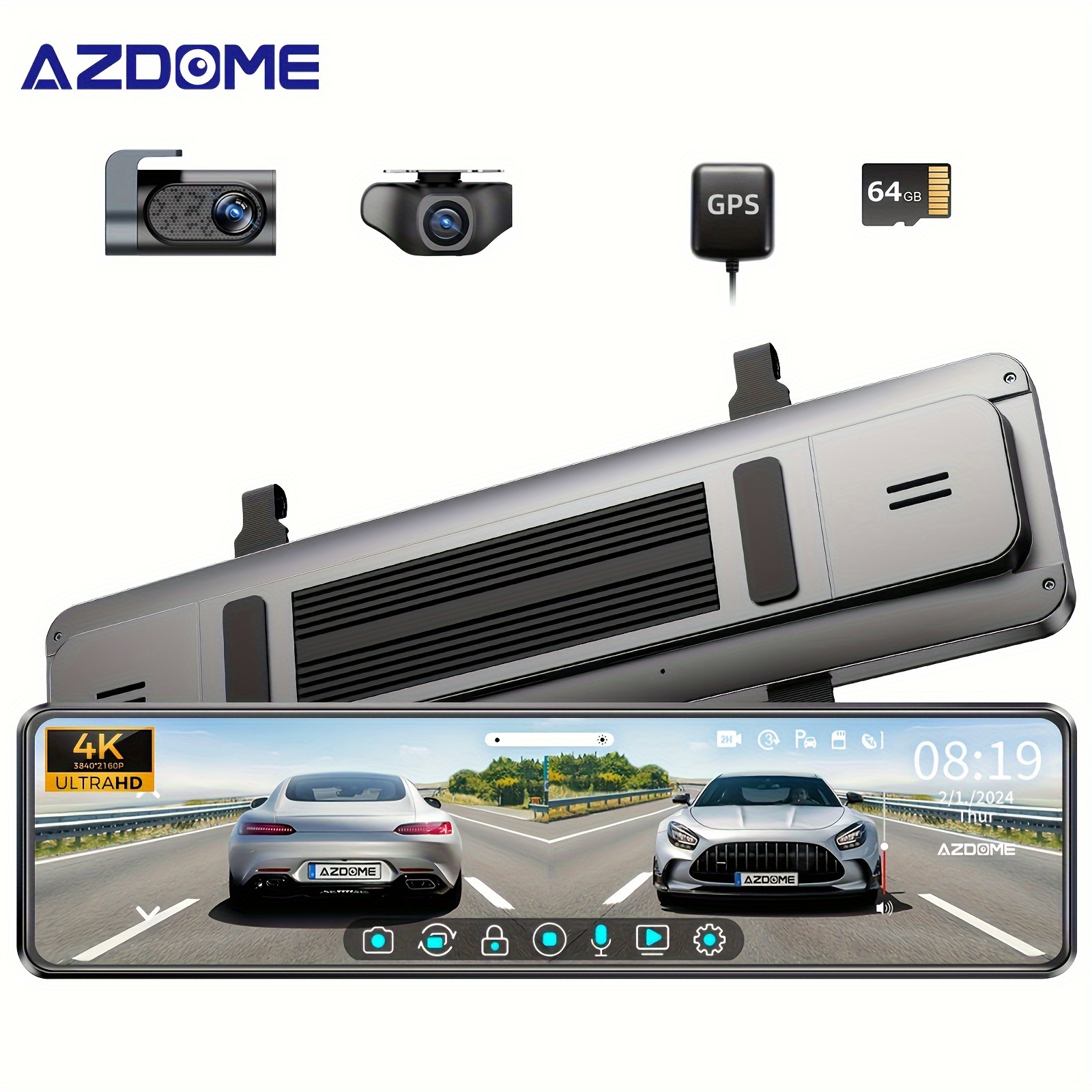 

Azdome Front And Rear 4k+1080p Dash Cam, 12" Ips Full , Detached Front Camera, Rear View Mirror Camera, Flexible Installation, , Gps, Type C, 64gb Card Included, Parking Mode, Loop Recording