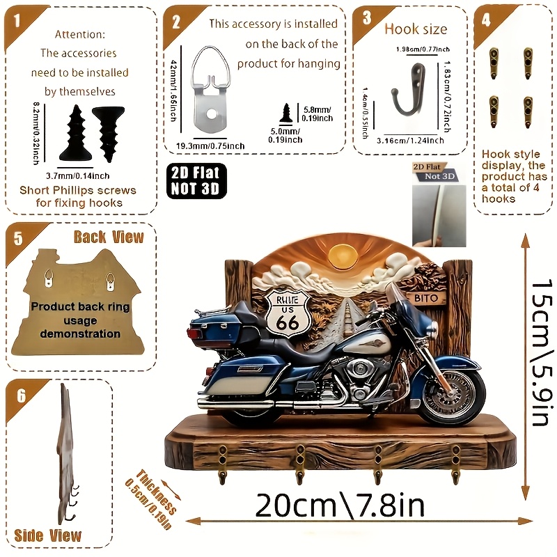 E-shop 2D Flat. 1 Stück. Motorrad Schlüsselhaken - Multifunktionaler dekorativer Schlüsselhalter mit vier Metallhaken, Wanddekoration, Raumdekoration,