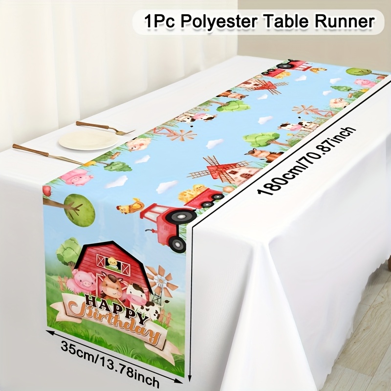 Image of Animal Happy Birthday Table Cover Farmhouse Polyester Tablecloth Party Table Decoration Barnyard Theme Party Decorations For Picnics, Birthday Party Supplies, 13.78 X 70.87 Inches