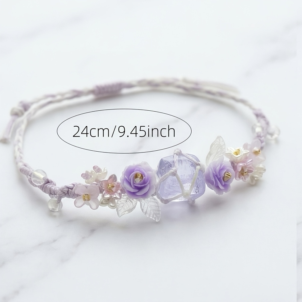 Purple Rose Light Purple Crystal Braided Bracelet, Adjustable Design