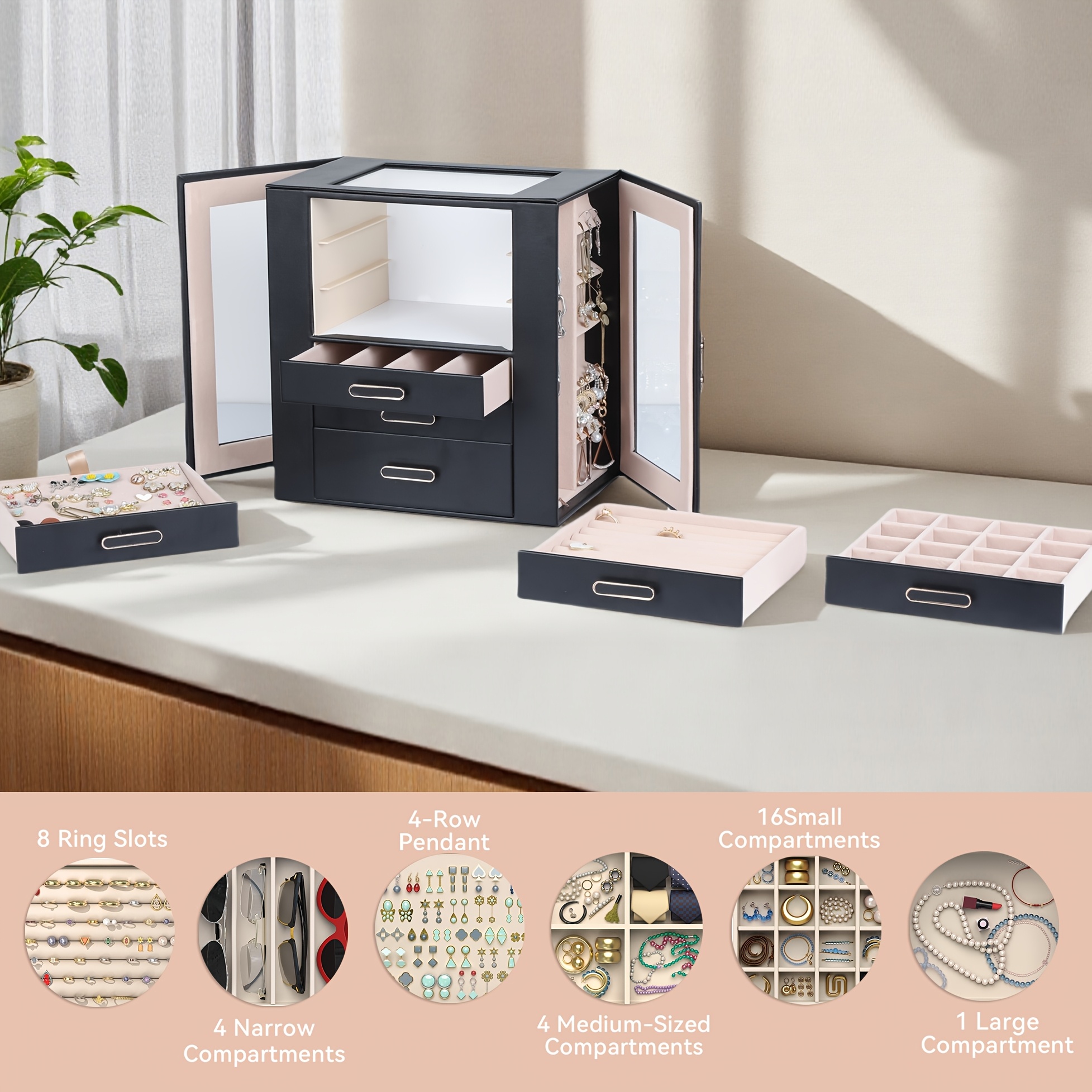 womens jewelry box 6 tier large capacity jewelry storage box top transparent viewing display case with 5 drawers and 2 side glass doors for showcasing jewelry and organizing synthetic   leather jewelry storage box   Product details 1
