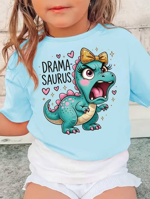 neues modisches kurzarm-t-shirt für mädchen mit rundhalsausschnitt sommer-„drama, dinosaur“-buchstabenmuster-druck, modisches vielseitiges oberteil