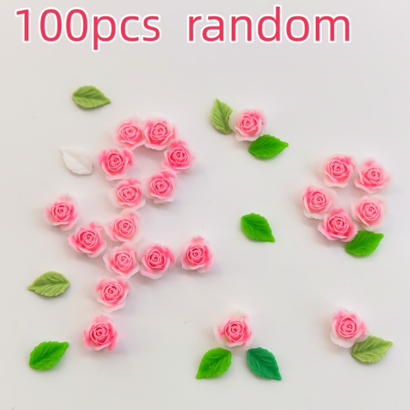 100pcs Rose Random Nail Accessories Resin Diy Flowers Handmade Accessories Pink Flowers Green Leaves (buy Flowers Get )