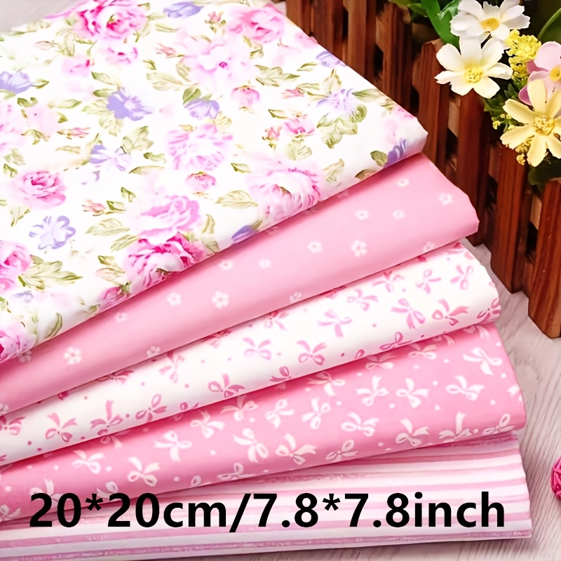 E-shop 5 Stück Rosa Blumen- und Schleifen-Stoffbündel – Ideal für DIY-Projekte, Puppenkleidung, Quilten, Polyester-Bastelstoff – Vorgeschnittene 7,87 x