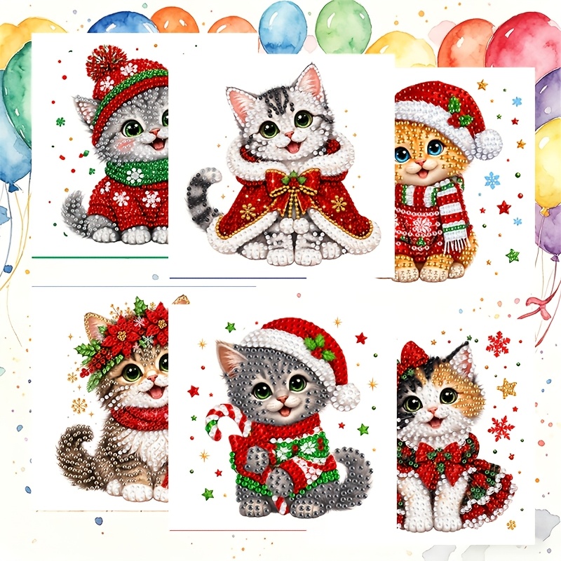 TEMU 6pcs Set Of Unique New Diamond Painting Greeting Card Kit, Christmas Cute Cat Pattern Greeting Card, Birthday Holiday Card Adult Handmade Craft