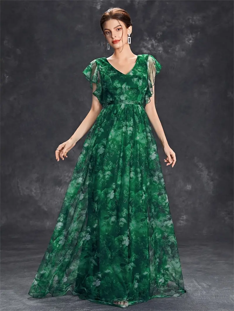 elegant womens deep v neck bridesmaid dress with short sleeves floral print lace trim satin mesh overlay ruffle hem a line long skirt weddings and formal events wedding guest attire floral print dress Product details 6