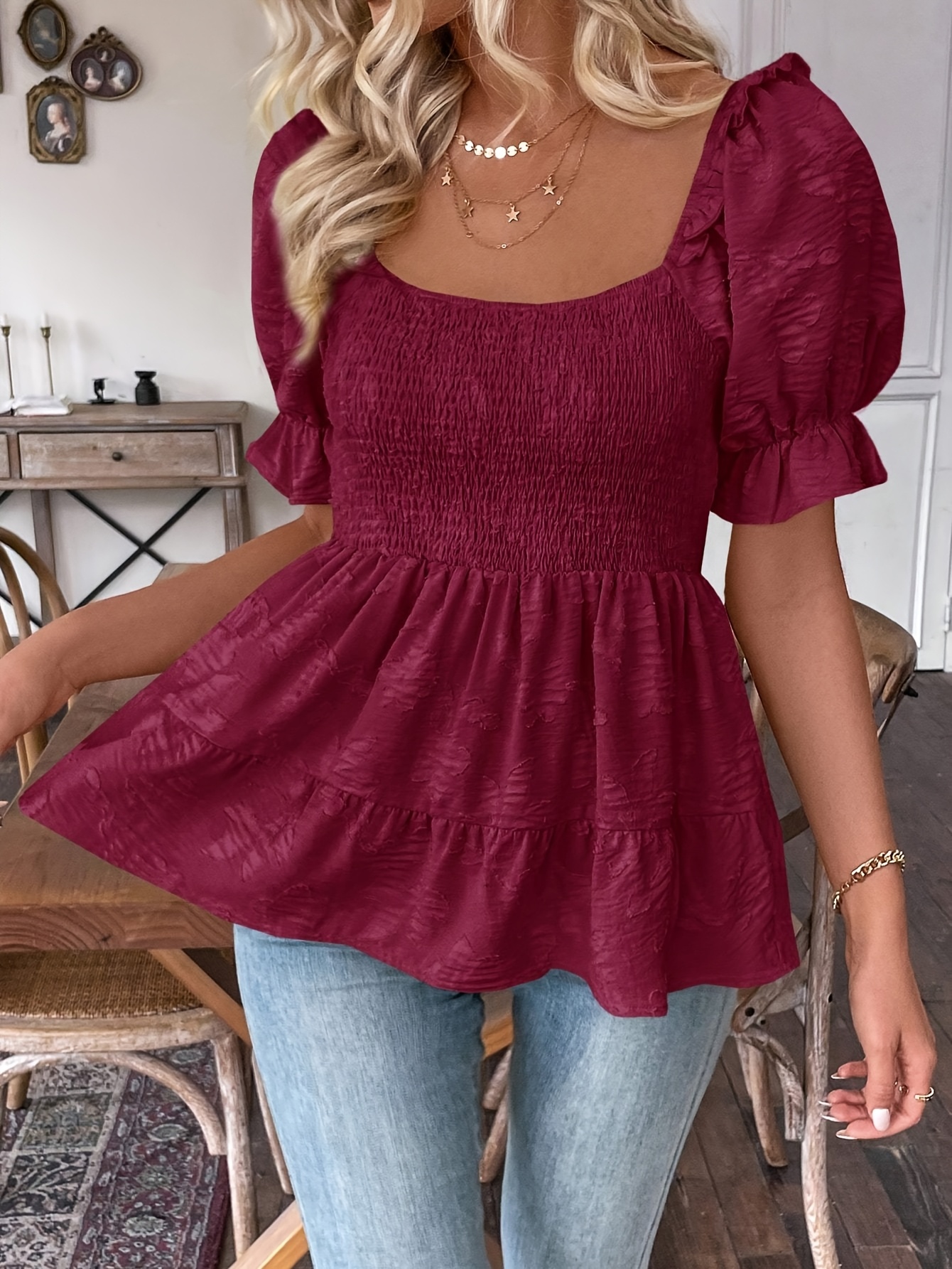 burgundy women s polyester blouse puff sleeves ruched - Temu