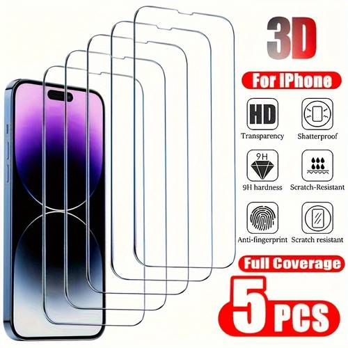5pcs tempered glass for iphone 15 14 13 12 11 pro max screen protector for iphone 12mini 13mini 6 7 8 14 plus se x xs xr 14