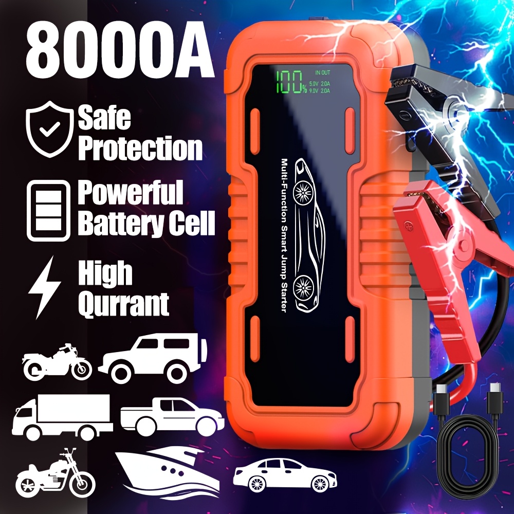 TEMU Car Battery Jump Starter, 8000a Portable Jump Pack For Up To 10l Gas & 8l Engines, 12v Lithium Jump Box, Auto With 3-mode Led Lights & Jumper Cable