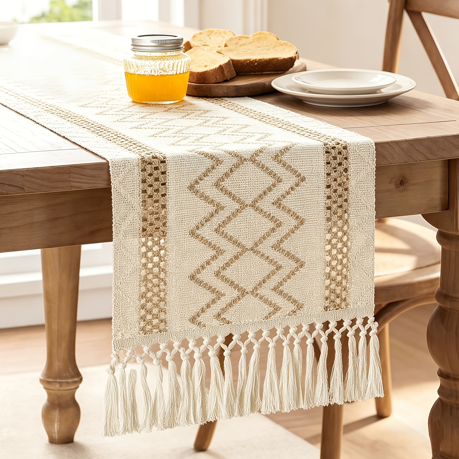 TEMU 1pc Bohemian Rustic Burlap Table Runner Handmade Crochet Suitable For Home Decor, Cream & Brown Striped With Tassels, Farmhouse Lace Runner For
