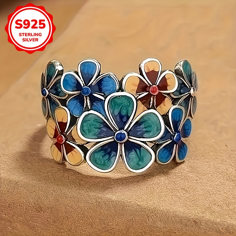 

Bohemian Style 925 Sterling Silver Floral Ring For Women, Vintage Ethnic Handcrafted Fashion Jewelry, , Christmas, 925 Silver Plated