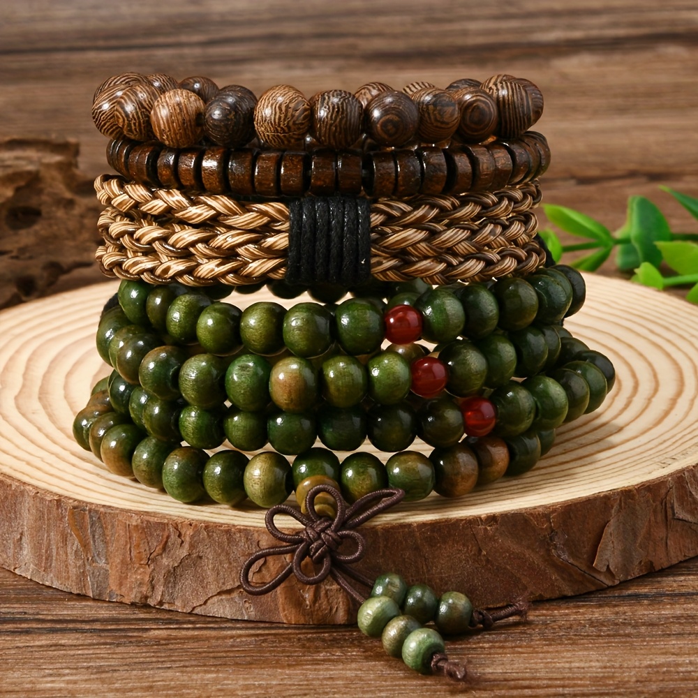 Conjunto de 4 contas de madeira em várias cores, série verde, moda para homens e mulheres, estilo vintage boho, material de madeira, adequado para uso diário e como presente, perfeito para   de  .
