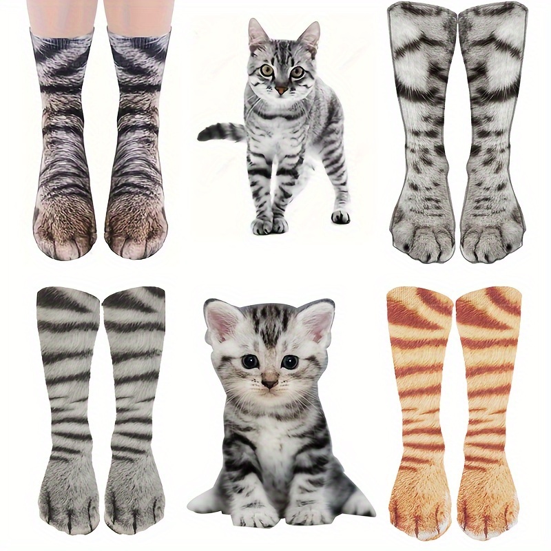 

1 Pair Of Men's Novel Creative & Cat Leg Pattern Cotton Crew Socks, Comfy & Casual, Fall & Winter