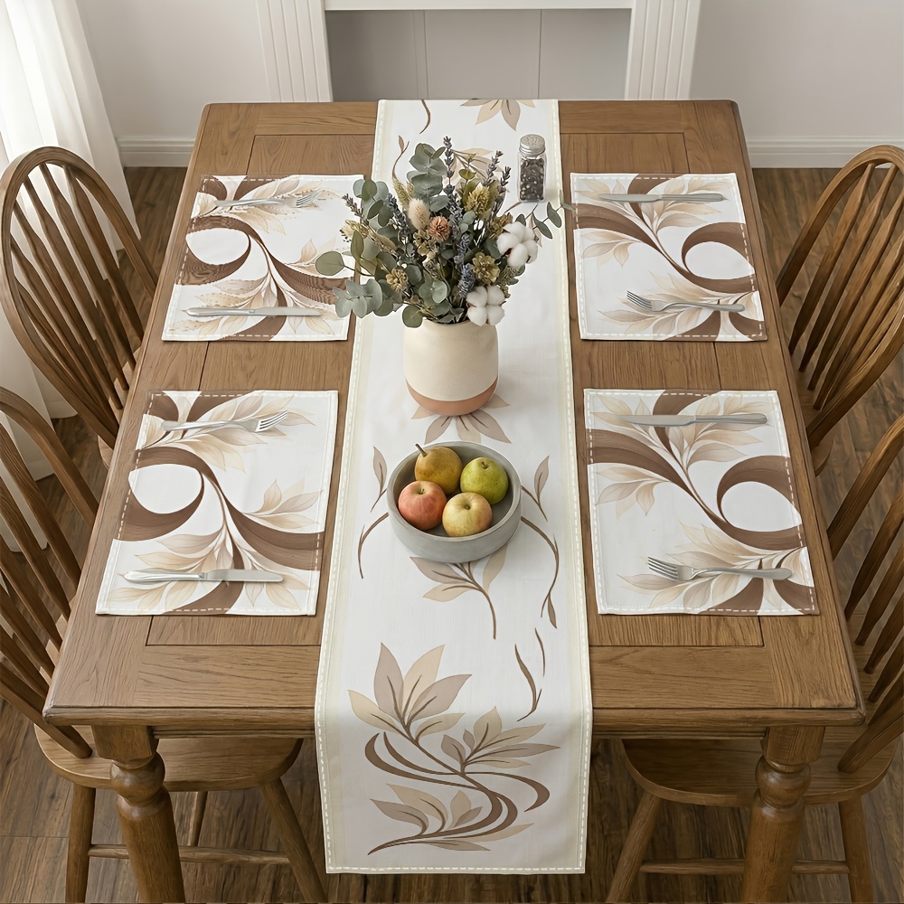 TEMU 5/7pcs Line Modern & Botanical Table Runner And Placemats Set Brown Leaf & Curve Spring And Tabletop Decoration, Dinner Living Room Picnic
