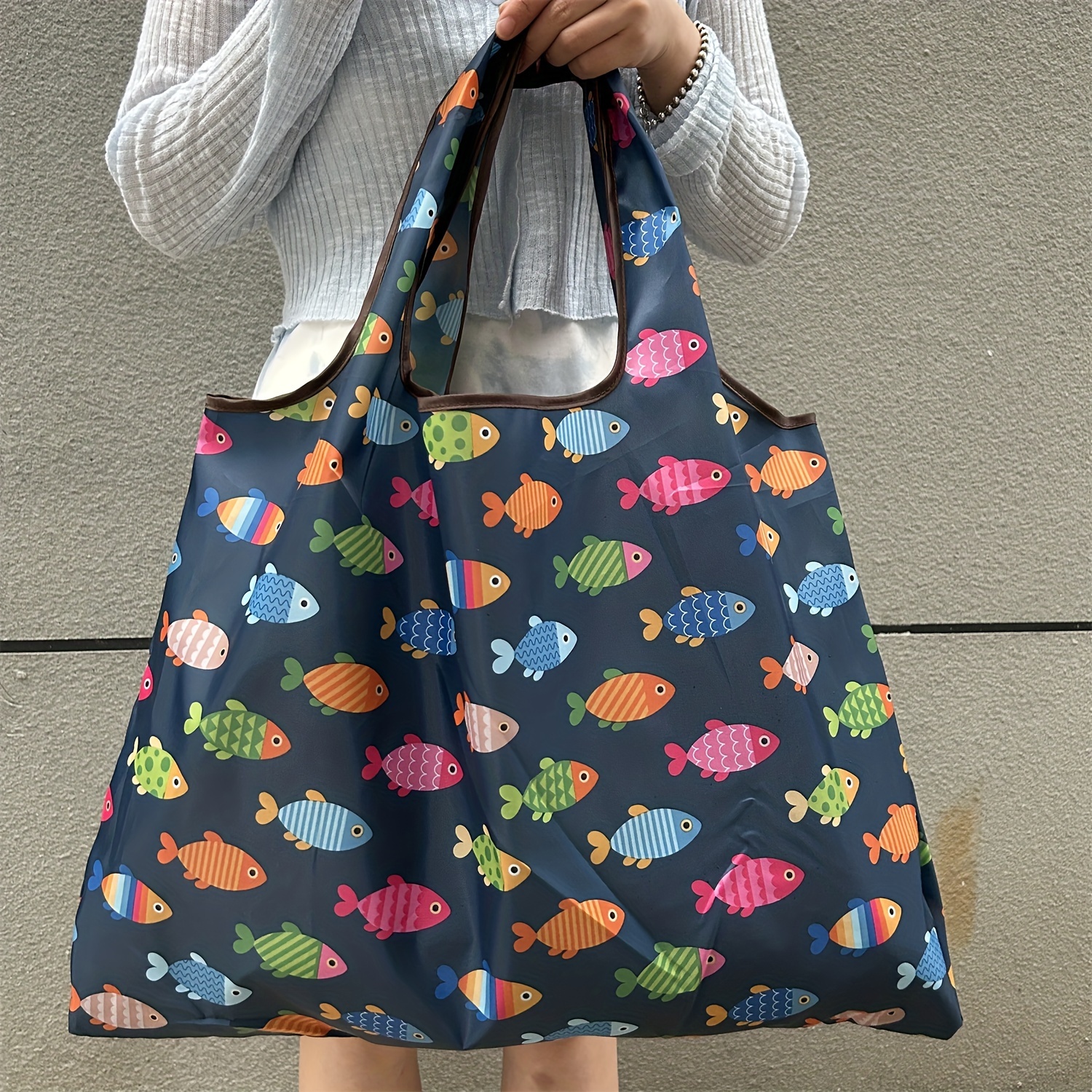 

Colorful Small Fishes Print Folding Lightweight Large Handheld For Men Women, Reusable Large Capacity Portable Shopper, Grocery Storage Bag