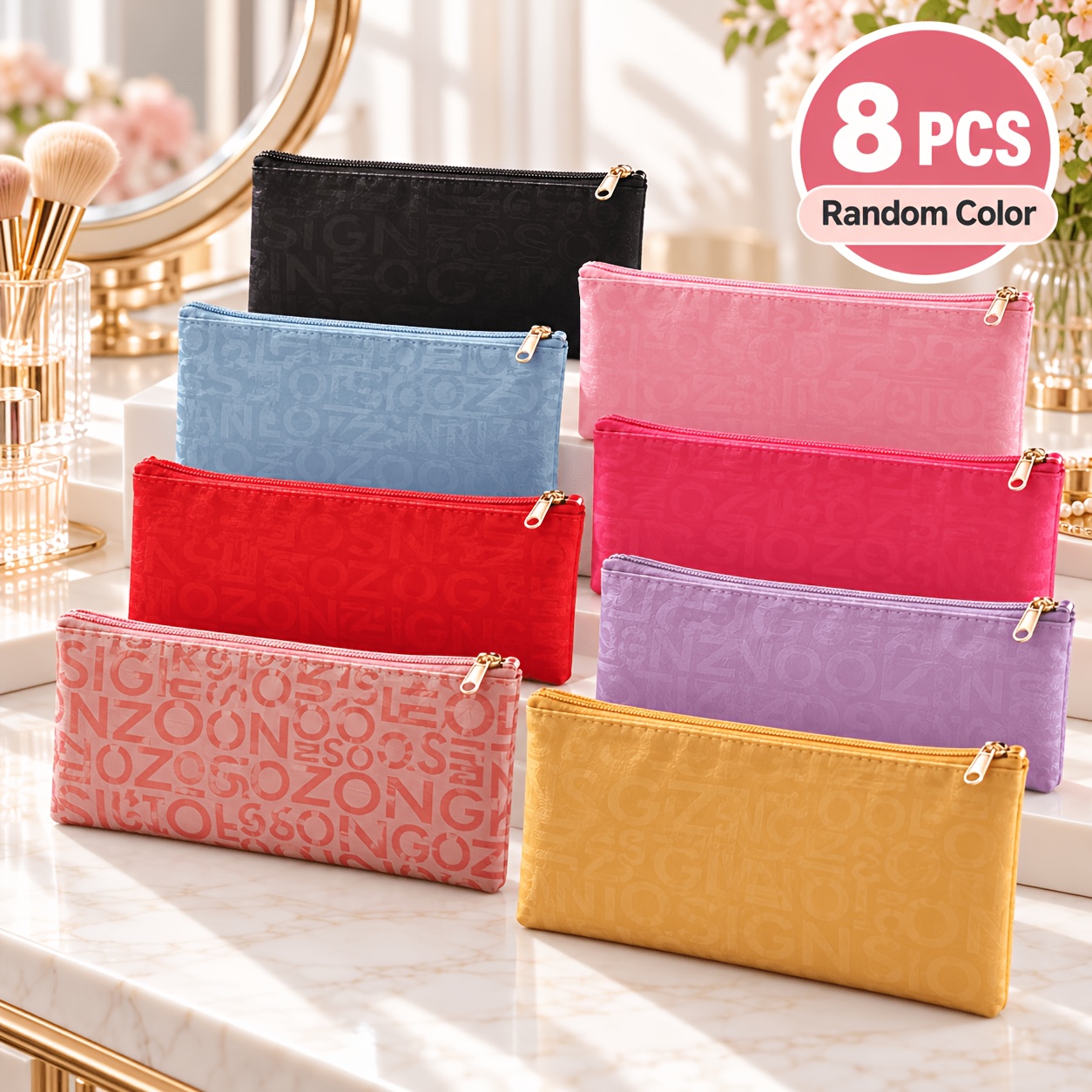 TEMU 8pcs Set Random Color Letter Print Zipper Makeup Bags, Portable Cosmetic Organizer Pouches, Lightweight Multi-functional Travel Toiletry Bags,